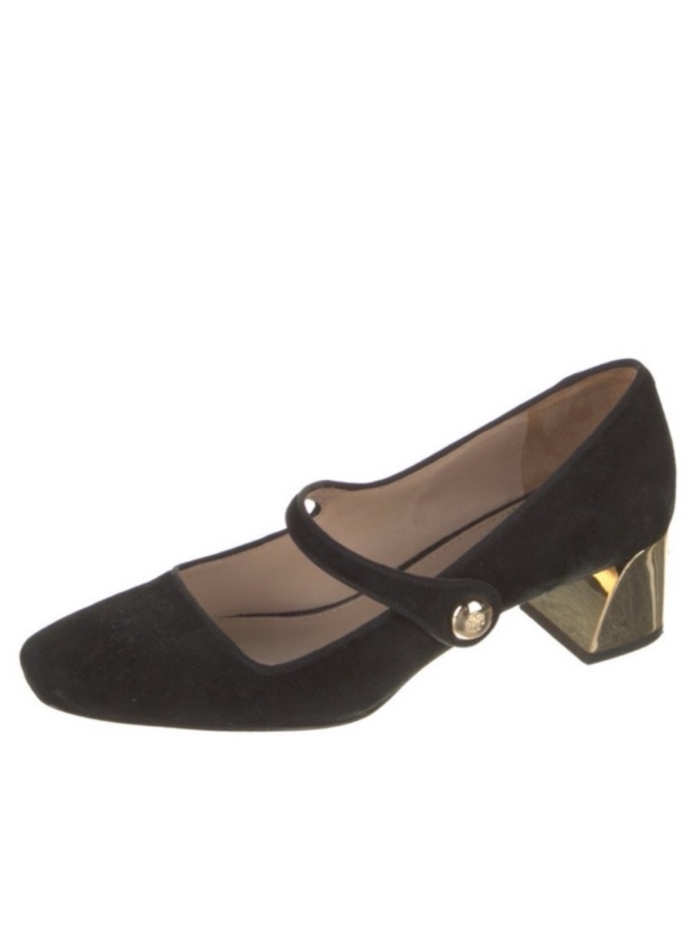 TORY BURCH Marisa Black Suede Mary Jane Gold Block Heel Pump - Picture 5 of 10